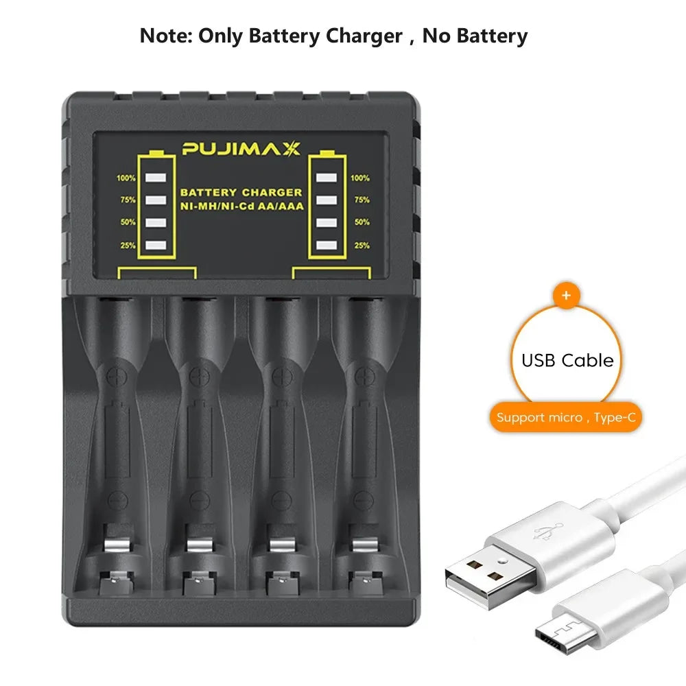 AA/AAA Battery Charger – 4-Slot Intelligent LED Indicator, USB-C & Micro for NiMH/NiCd Rechargeable Batteries