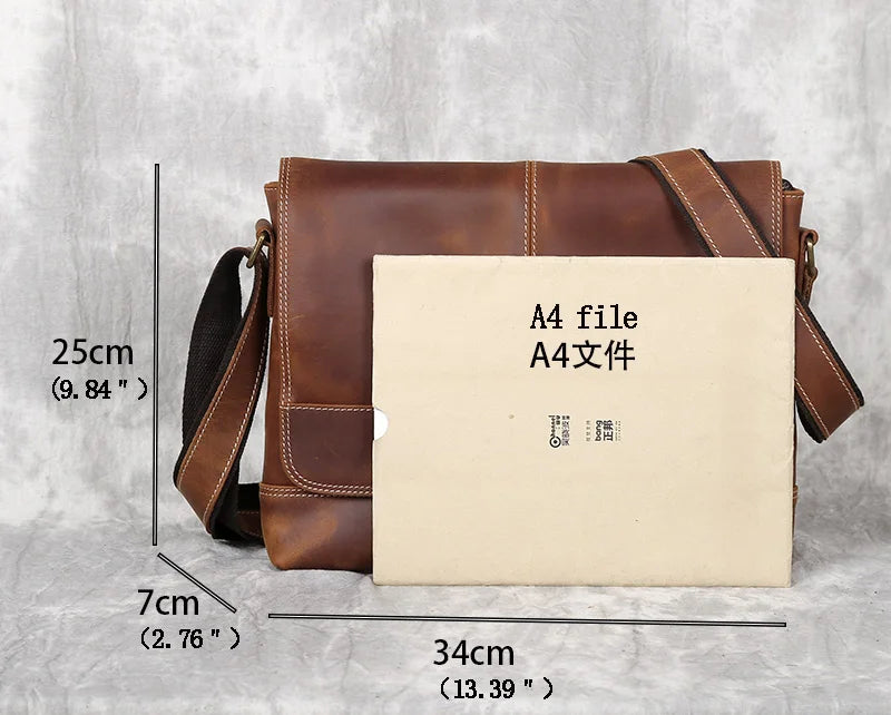 NZPJ New Leather Men's Shoulder Bag Retro Top Layer Cowhide A4 File Men's Bag Brown Handmade Crazy Horse Leather Messenger Bag
