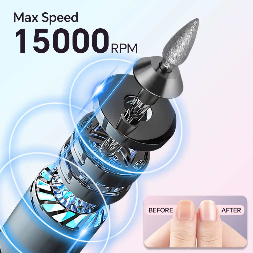 Electric Nail Drill & Polisher – 3 Speeds, 15000 RPM, 12 Drill Bits, LED Display, USB-C