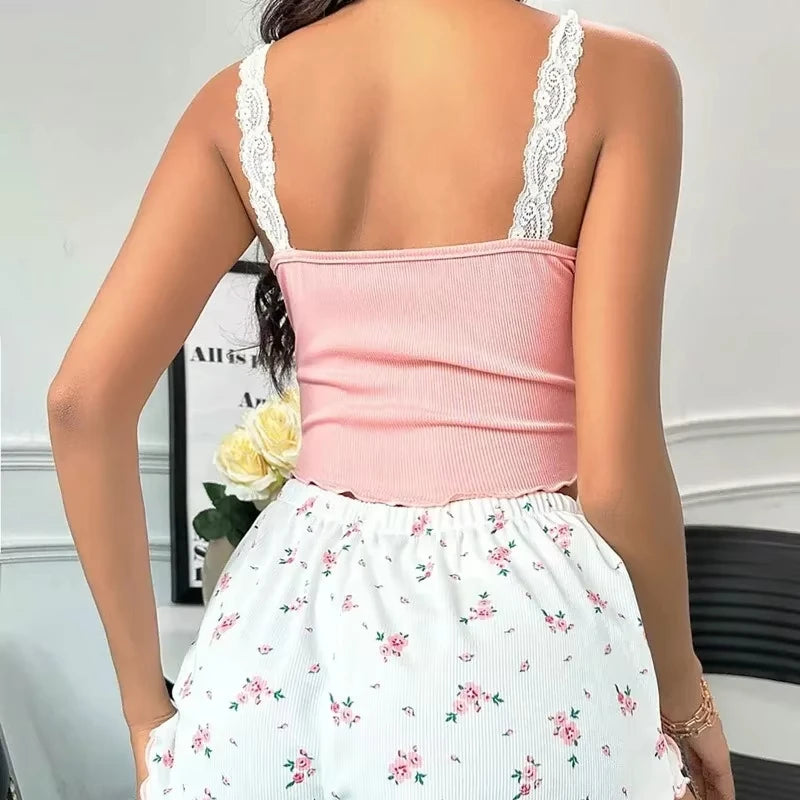 Women's Pink Lace Patchwork V-Neck Pajama Set | Cami Top & Printed Shorts Soft Pyjamas