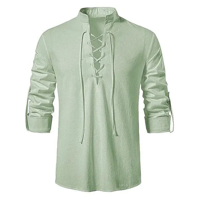 Men's Cotton Linen Drawstring Long Sleeve Shirt — Vintage Casual US Size Top
