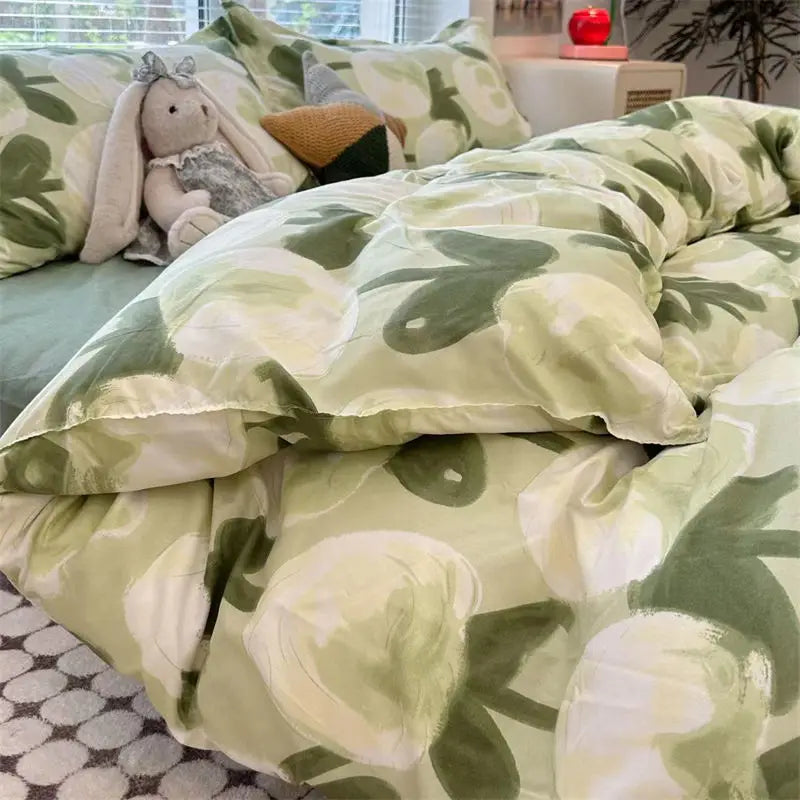 Vintage Floral Duvet Cover Set – Korean Ins Style Bedding Kit with Flat Sheet & Pillowcases, Single to Queen