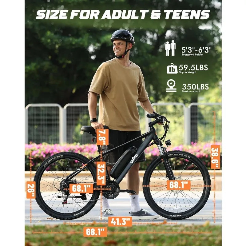 A man wearing a helmet stands beside a black electric bicycle in an outdoor park setting, with measurement callouts showing the bike's dimensions and text reading 'SIZE FOR ADULT & TEENS' plus weight and height specifications.