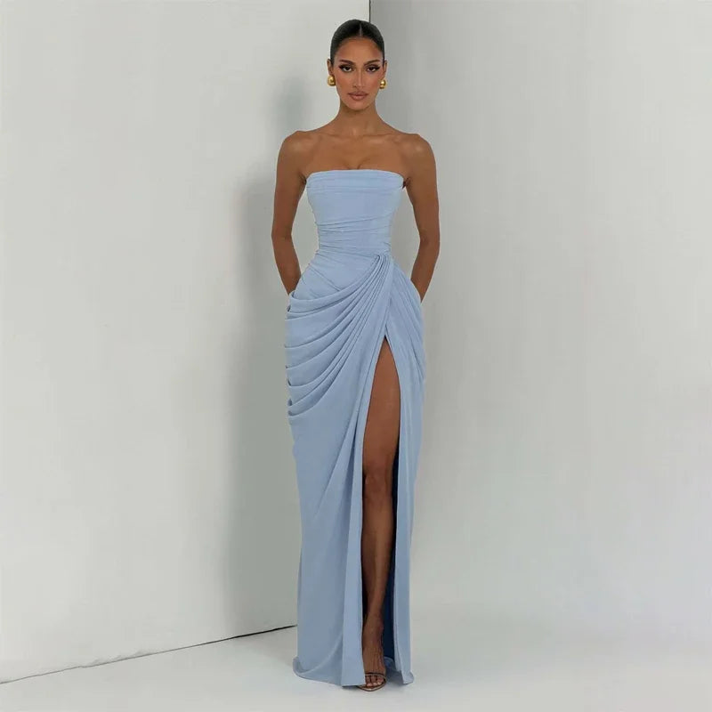 Sexy Strapless Pleated Maxi Dress – Off-Shoulder Backless High Waist Split Evening Party Gown