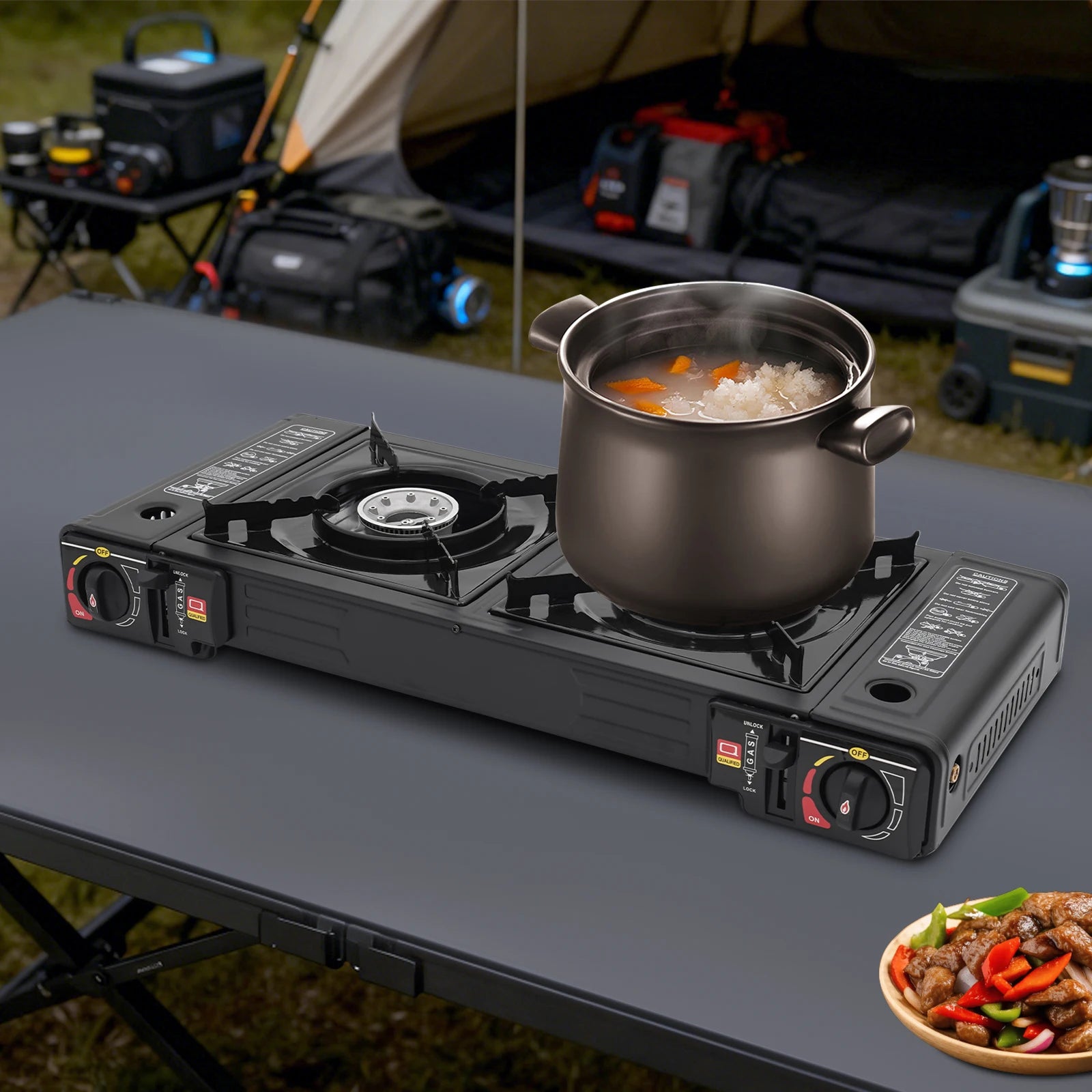 2-Burner Portable Camping Stove — 2500W Each, Butane/LPG, Piezo Ignition, Carry Case Included