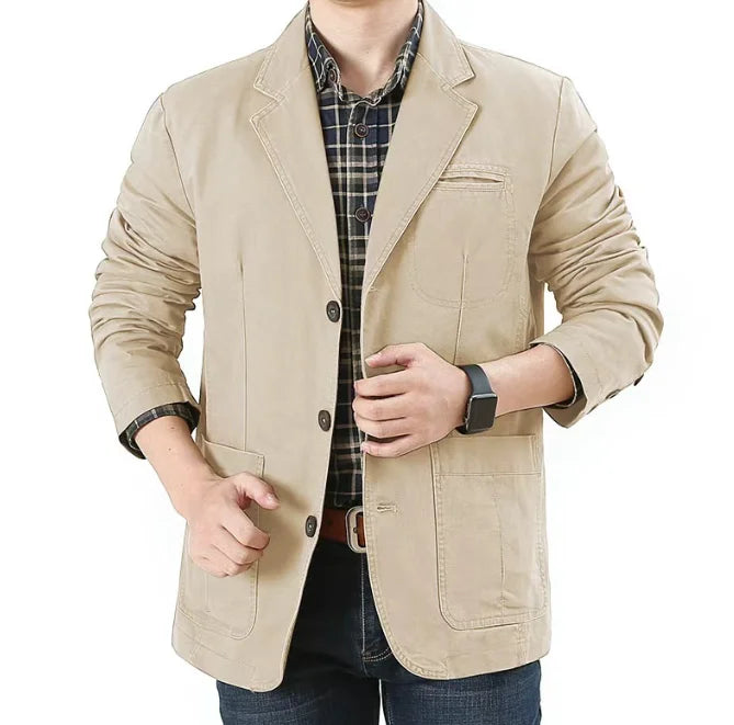 Men's Single Breasted Blazer — Washable Loose Fit Military Style Jacket