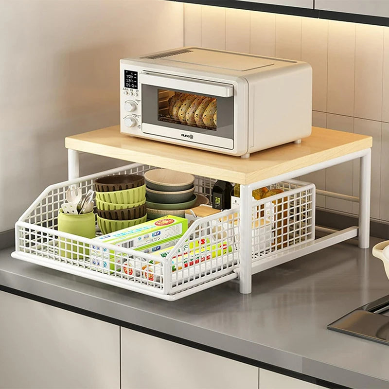2-Tier Iron Countertop Organizer Shelf with Pull-Out Basket – Multi-Use Stand for Coffee Machine, Microwave & Spices