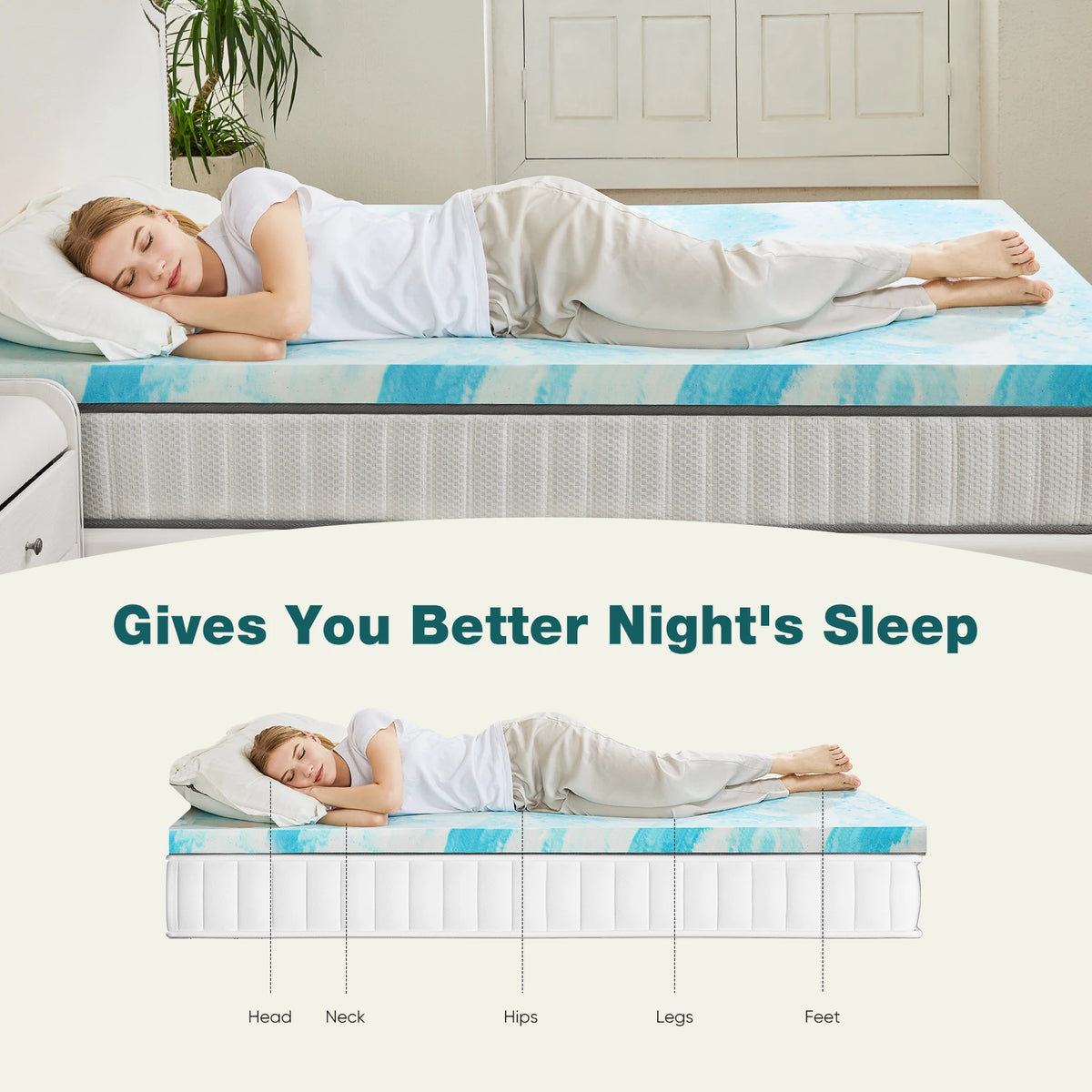 JHK 2"-3" Thick Gel Cooling Memory Foam Mattress Topper – Soft, Breathable Queen Size Bed Topper