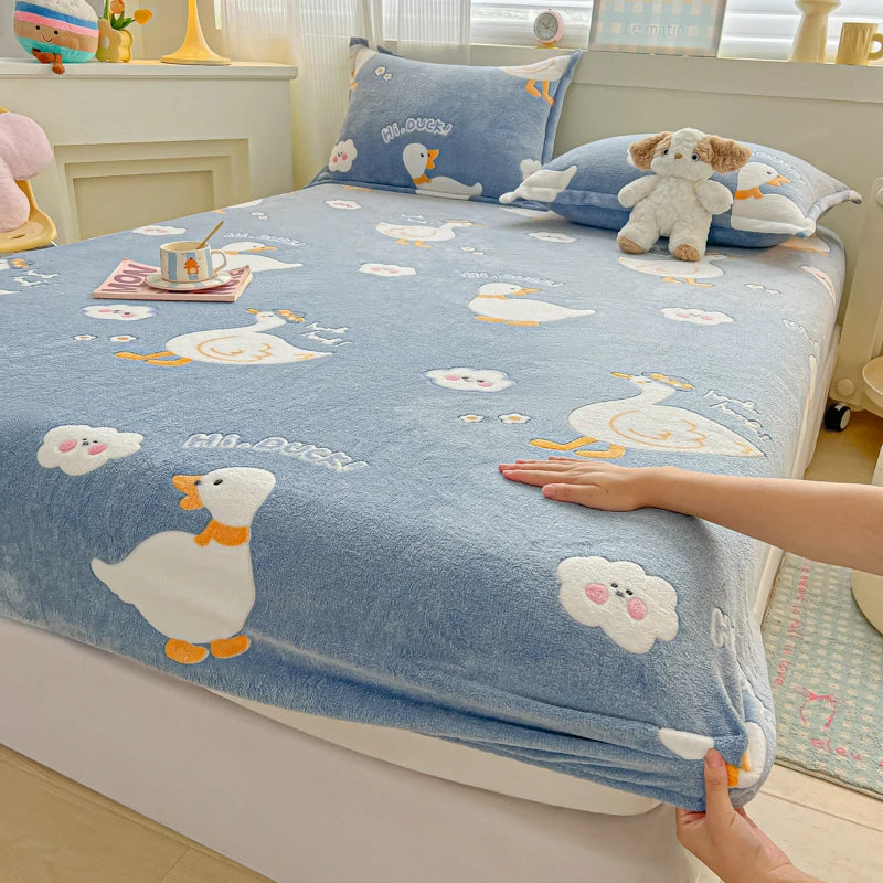 Flannel Fleece Fitted Bed Sheet – Warm Cartoon Purple, Elastic Single to King, Winter Bedsheet