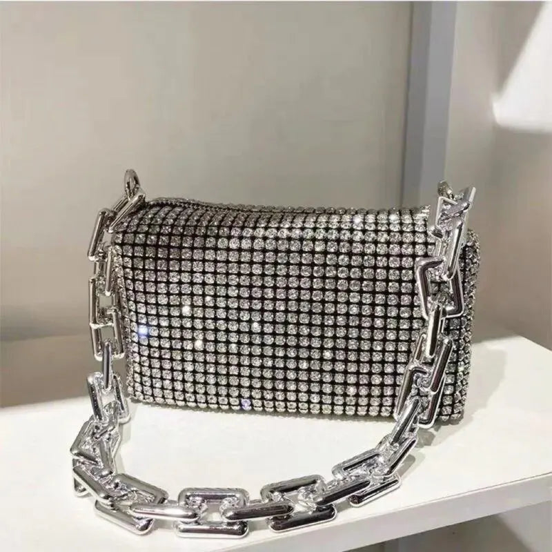 Rhinestone Glitter Mini Crossbody Bag – Chain Prom Purse Pillow Shoulder Bag for Women