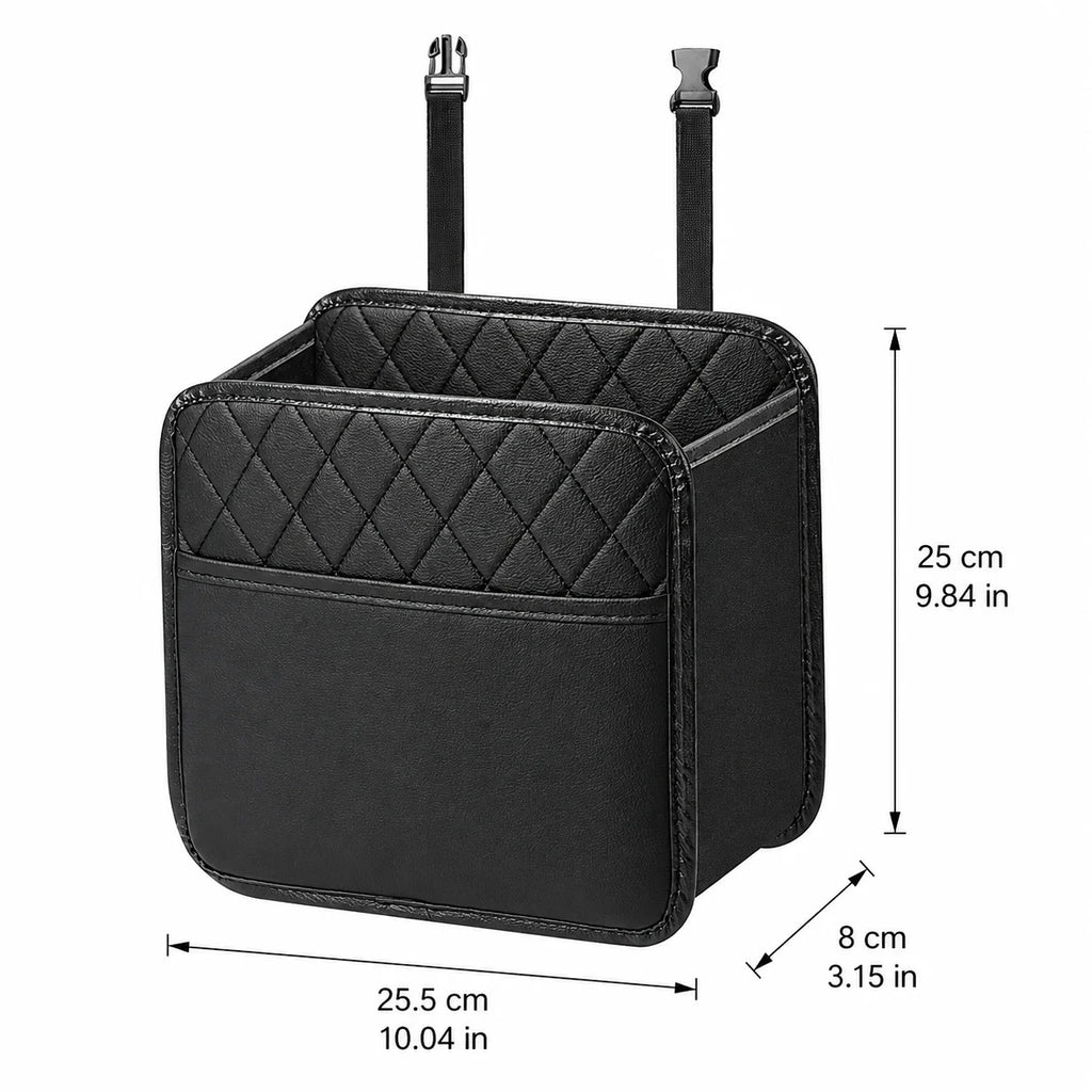 Black quilted and smooth fabric storage organizer with two hanging straps, shown with dimension labels indicating 25.5 cm width, 25 cm height, and 8 cm depth.