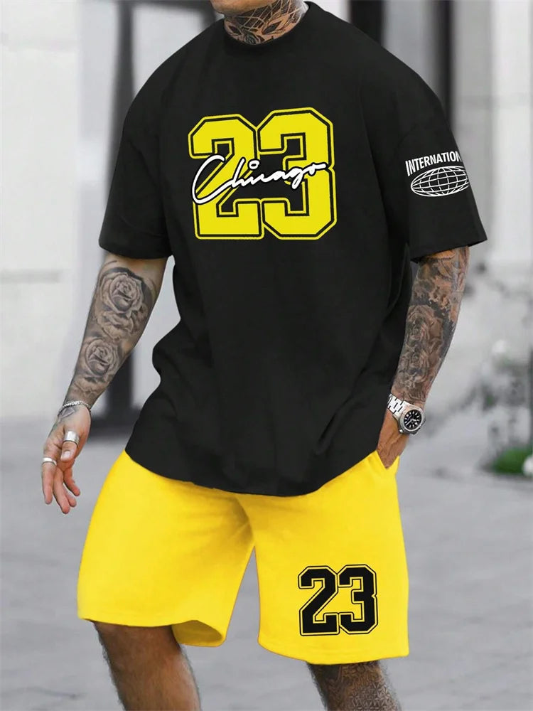Men's Digital Print Crewneck T-Shirt & Drawstring Shorts Set
