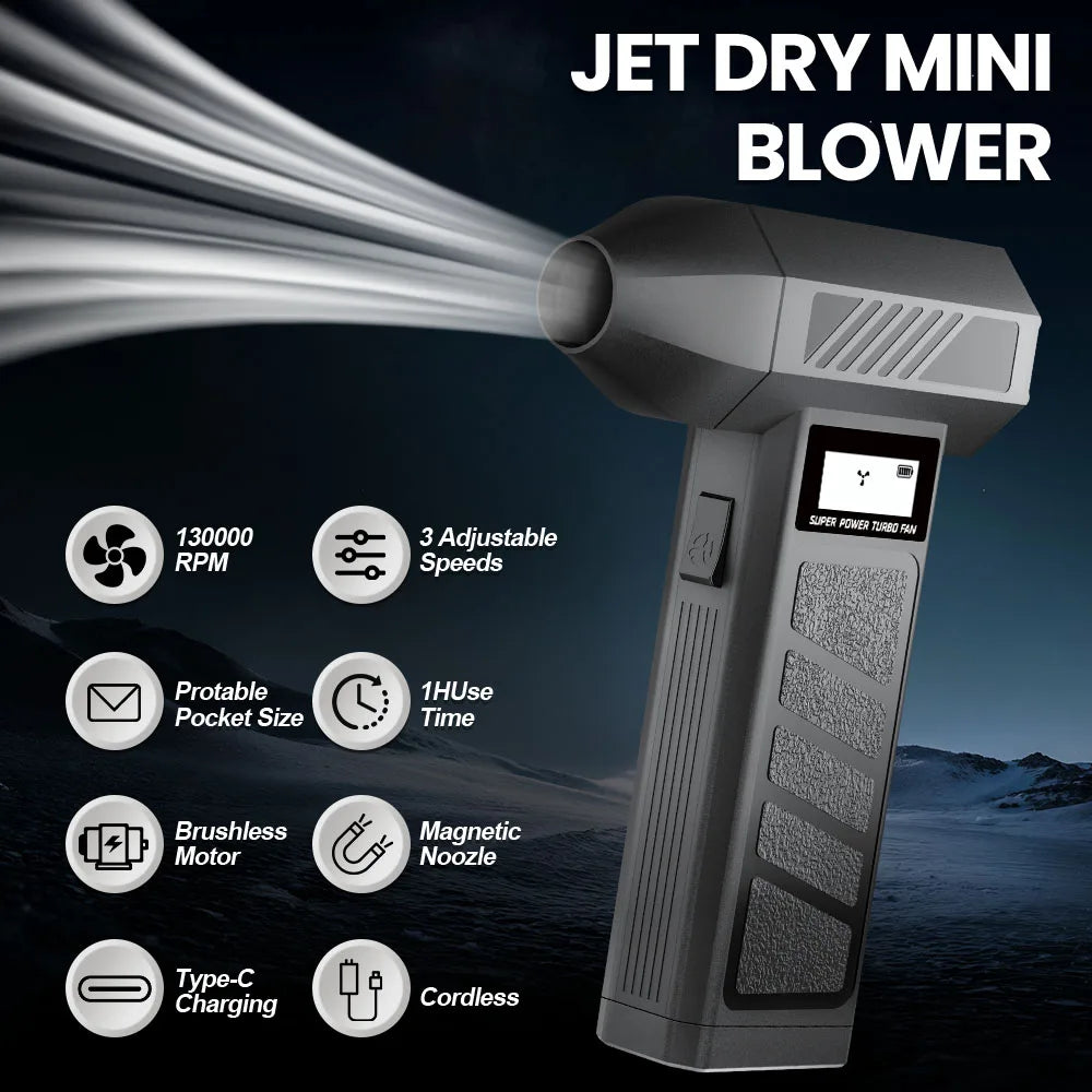 Turbo Jet Fan Blower & Air Duster — 130,000 RPM Brushless Motor, 4-Gear, 75W, Type-C Charging, 5 Nozzles