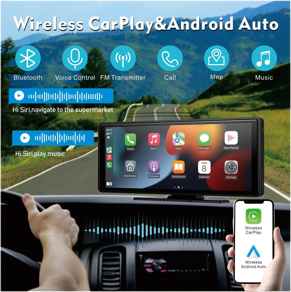 Wireless CarPlay Screen for Car – 10.26" Android Auto Touchscreen Stereo System