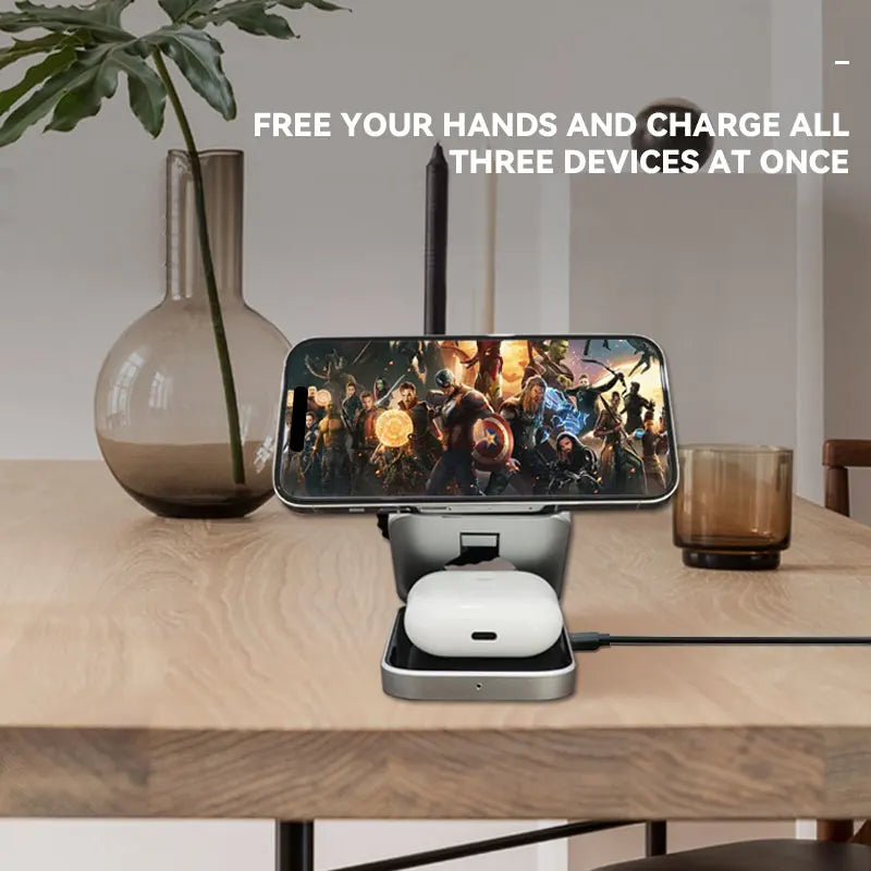 Foldable 3-in-1 Magnetic Wireless Charging Station for iPhone 12–17, Apple Watch & AirPods – Travel Charger