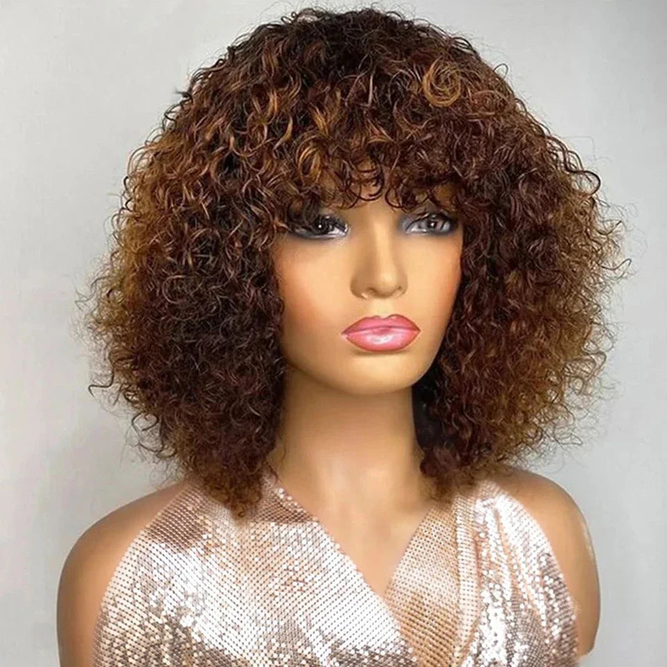 Short Pixie Bob Jerry Curly Human Hair Wig — Full Machine with Bangs, Highlight Colors
