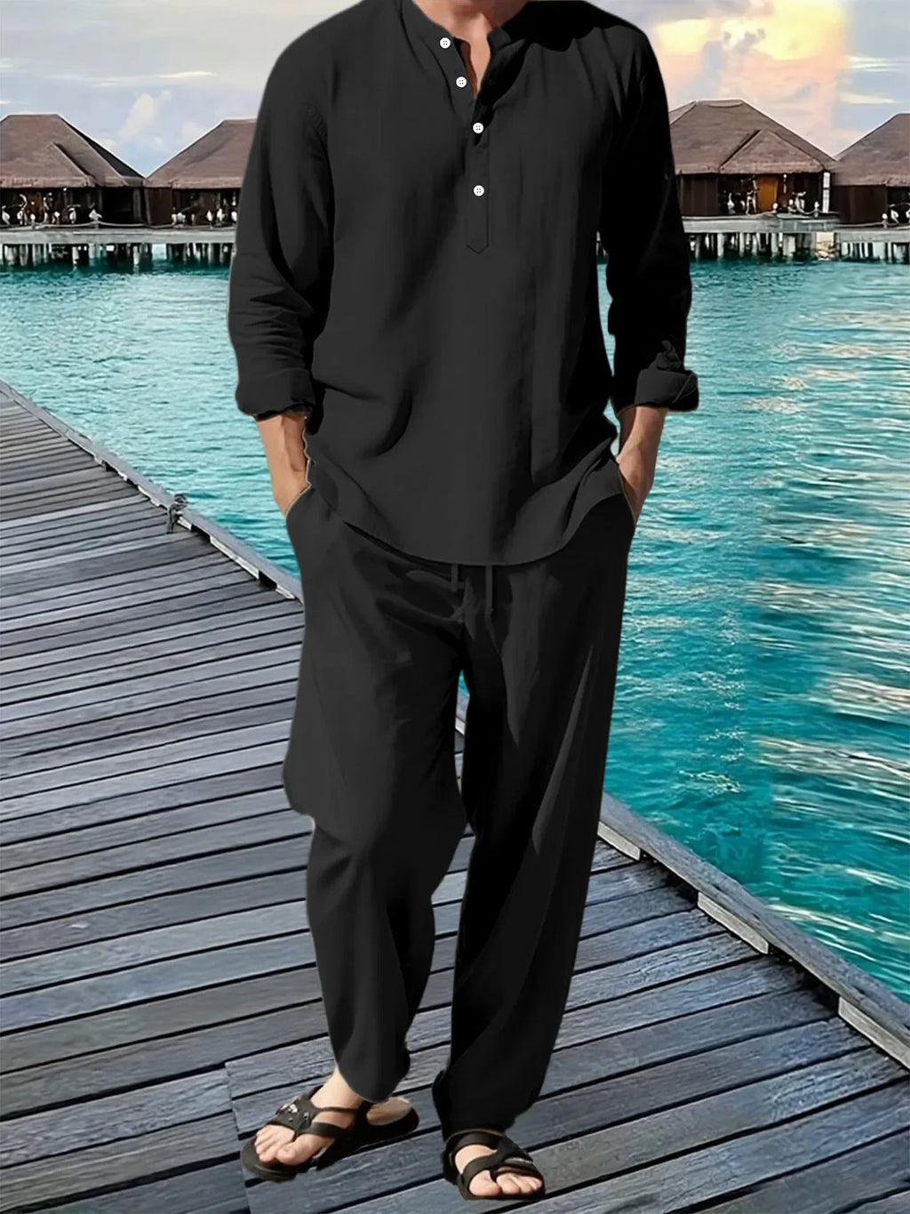 Men's Hawaiian Beach Shirt & Loose Jogger Pants Set – Breathable Vacation Casual Long Sleeve Suit