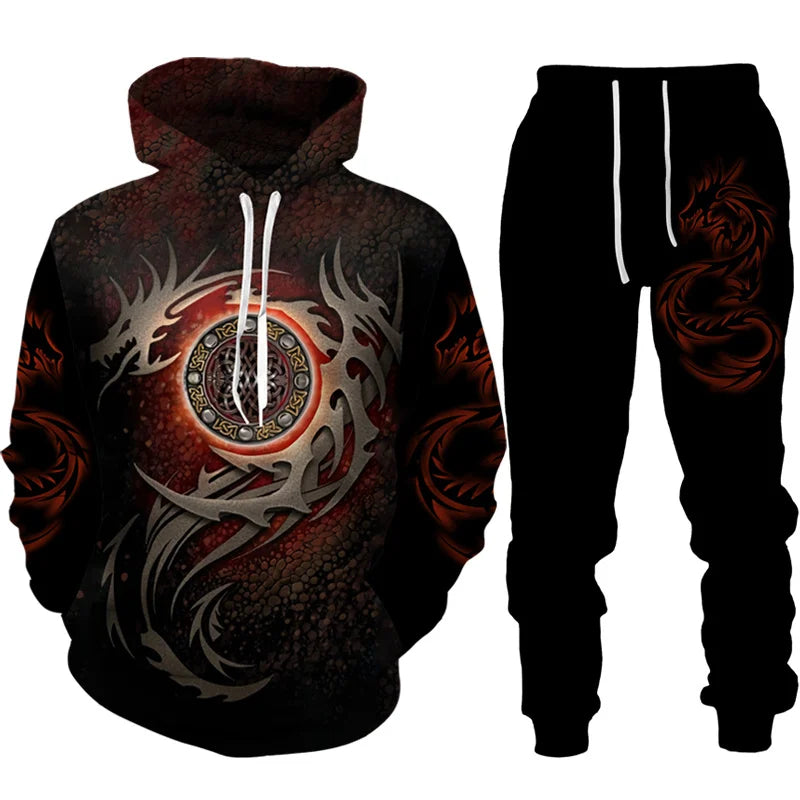 Dragon Print Hoodie Tracksuit Set – Oversized 2-Piece Sweatshirt & Pants
