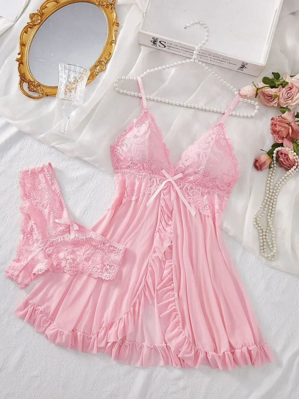 Lace Bra & Slip Nightdress Set — Wire-Free Sexy Sleepwear