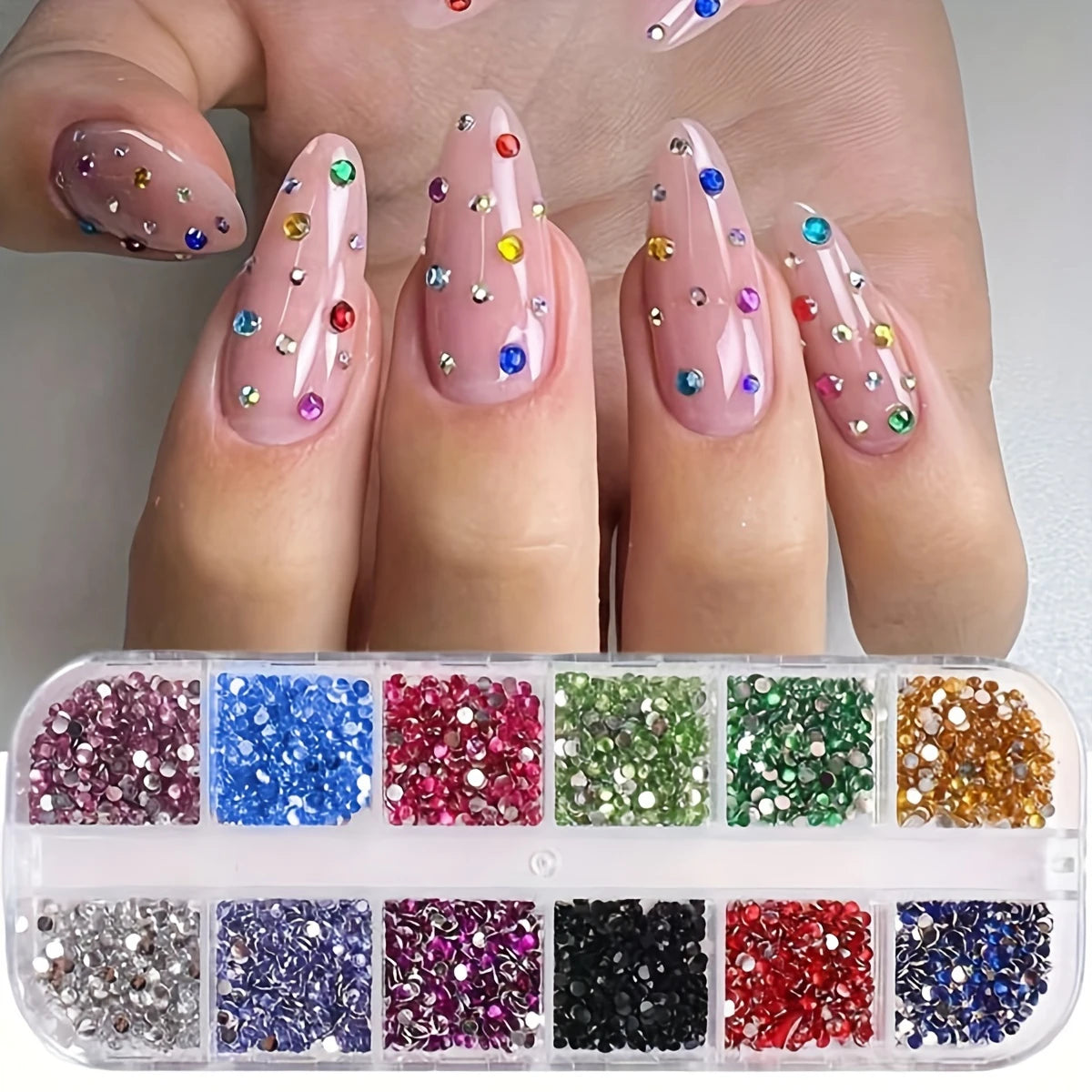12-Grid Crystal Nail Art Rhinestones — Flatback Gemstone Decoration Set