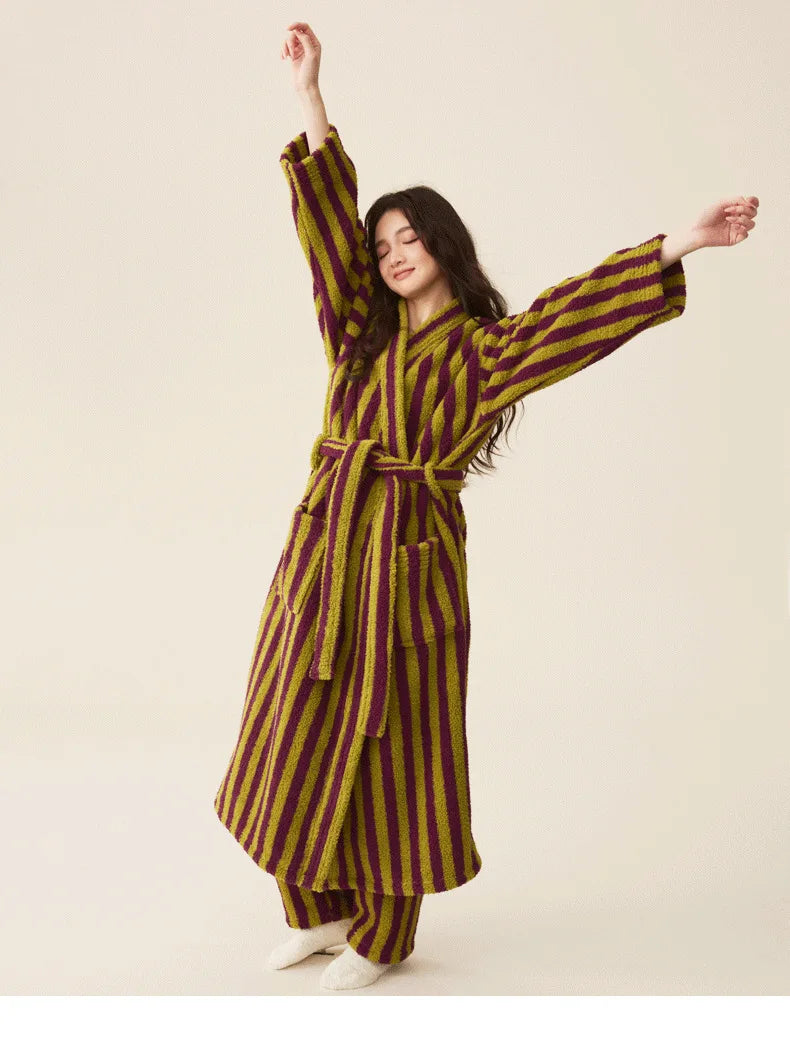 Women's Coral Velvet Striped Fleece Robe | Thick Plush Dressing Gown Loungewear