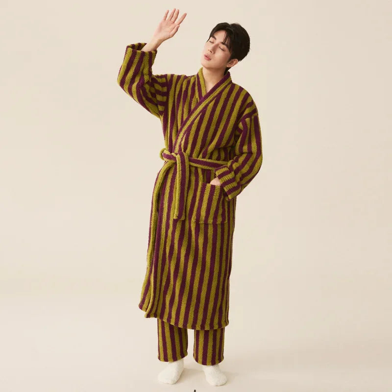 Thickened Flannel Robe & Pants Pajamas Set | Couple Coral Velvet Striped Bathrobe Homewear