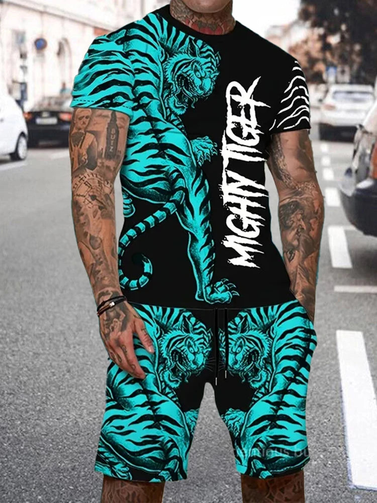 Men's Lion King 3D Print T-Shirt & Drawstring Shorts Set – Casual Outdoor Camping 2-Piece