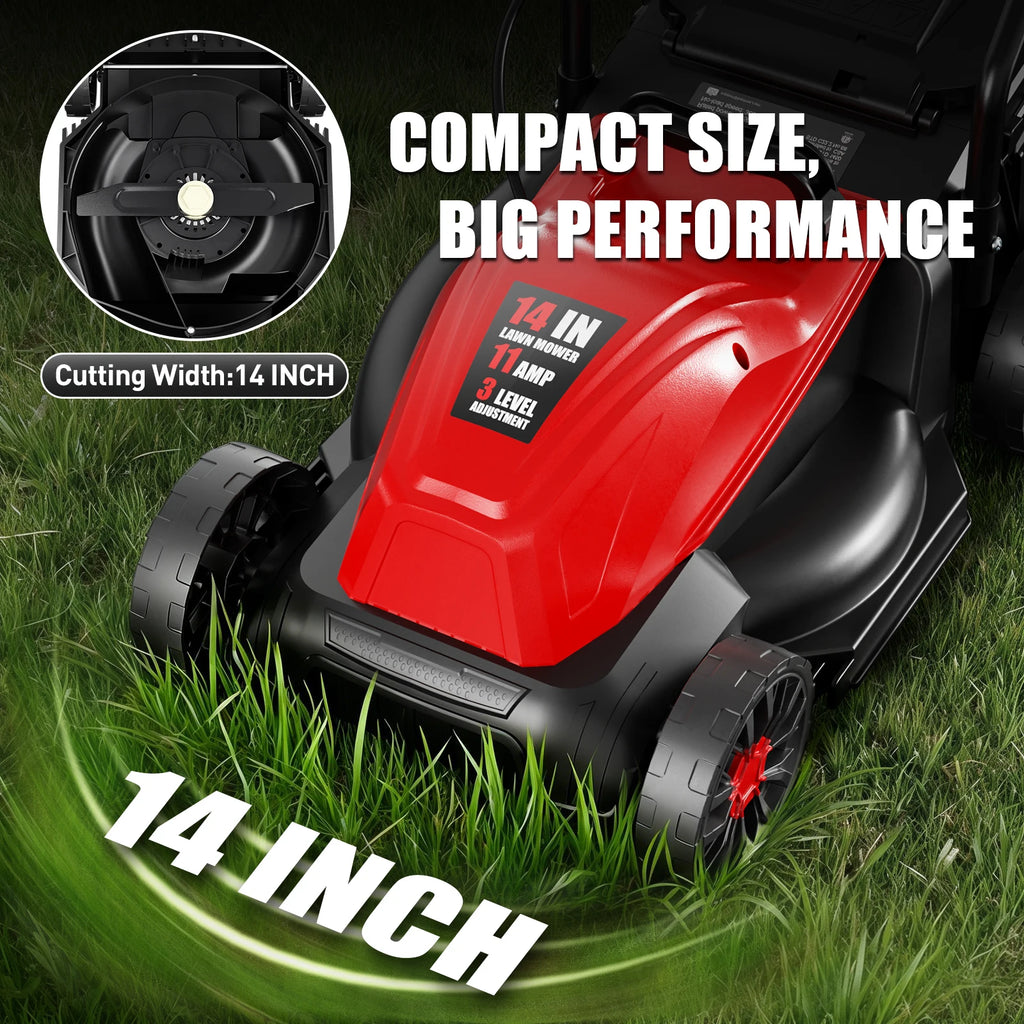 14-Inch Corded Electric Lawn Mower | 11 Amp 3650RPM, 2-in-1 Mulching & 25L Bag, 3-Position Height Adjustment