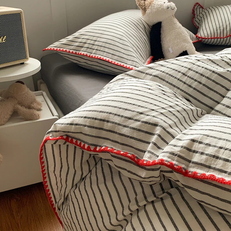 100% Cotton Stripe Duvet Cover Set – Washed 3-Piece Bedding with 2 Pillowcases, 6 Colors & 3 Sizes