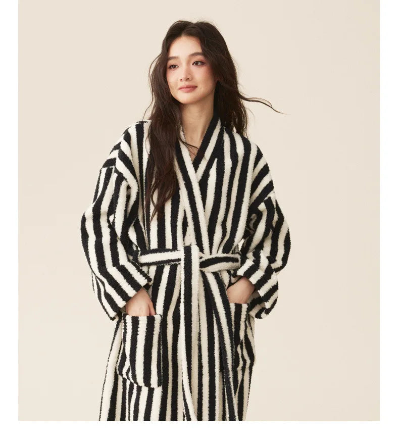 Women's Coral Velvet Striped Fleece Robe | Thick Plush Dressing Gown Loungewear