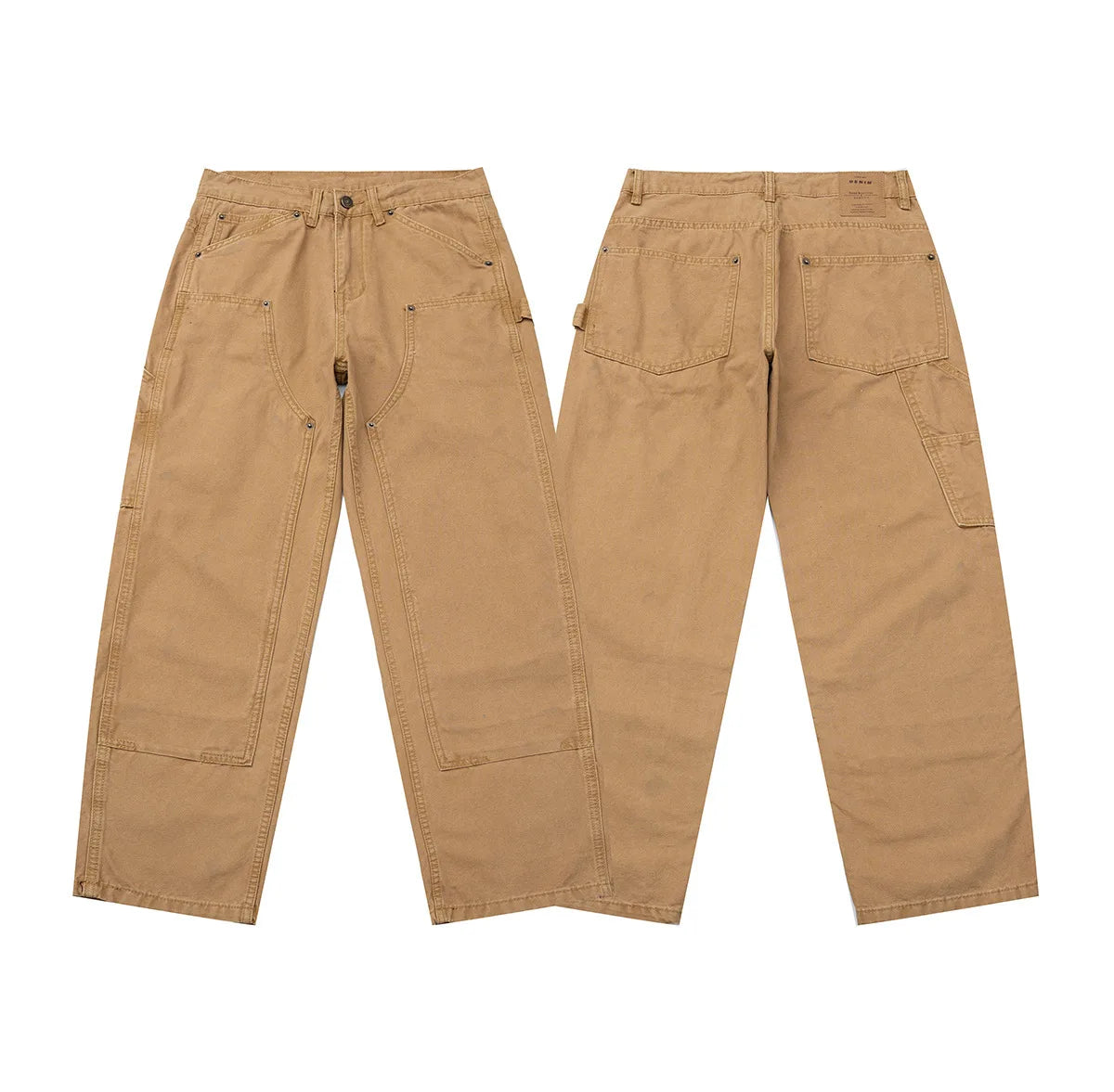 A pair of tan canvas work pants shown from both the front and back views, laid flat against a solid white background.