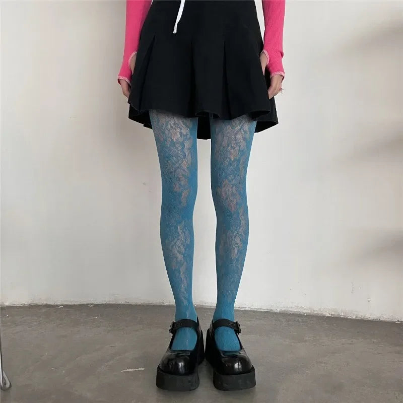 Lolita Floral Thigh-High Fishnet Stockings — Sheer Patterned Hosiery