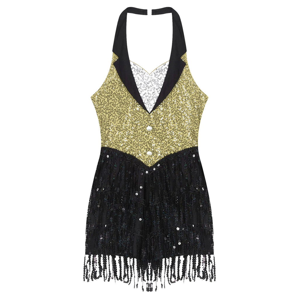 Women's Sequin Dance Dress – Shiny Sleeveless Latin Jazz Tango Salsa Leotard Bodysuit Outfit