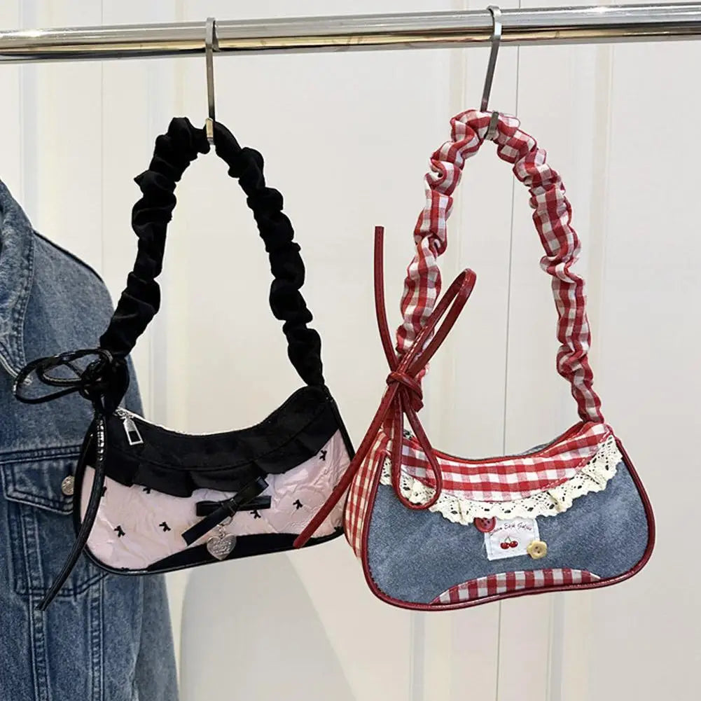 Fashion Grid Lace Ribbon Shoulder Bag – Stretchable Underarm Bag for Daily Commuting & School