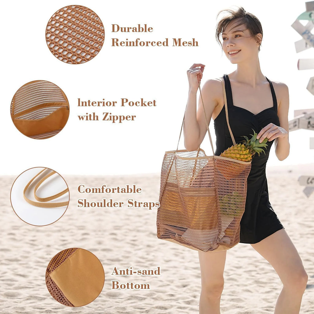 Women's Large Capacity Beach Tote Bag – Durable Polyester Woven Shoulder Bag for Travel & Shopping