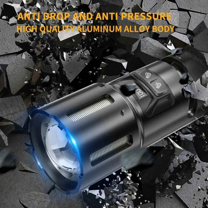 XHP360 Military-Grade 2-in-1 Super High Power Flashlight – 36-Core Zoomable Waterproof Rechargeable Torch with Safety Hammer