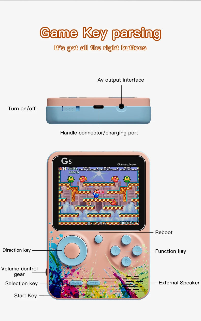 G5 Mini Retro Handheld Game Console – 500 Games, 3-Inch Color LCD, 8-Bit