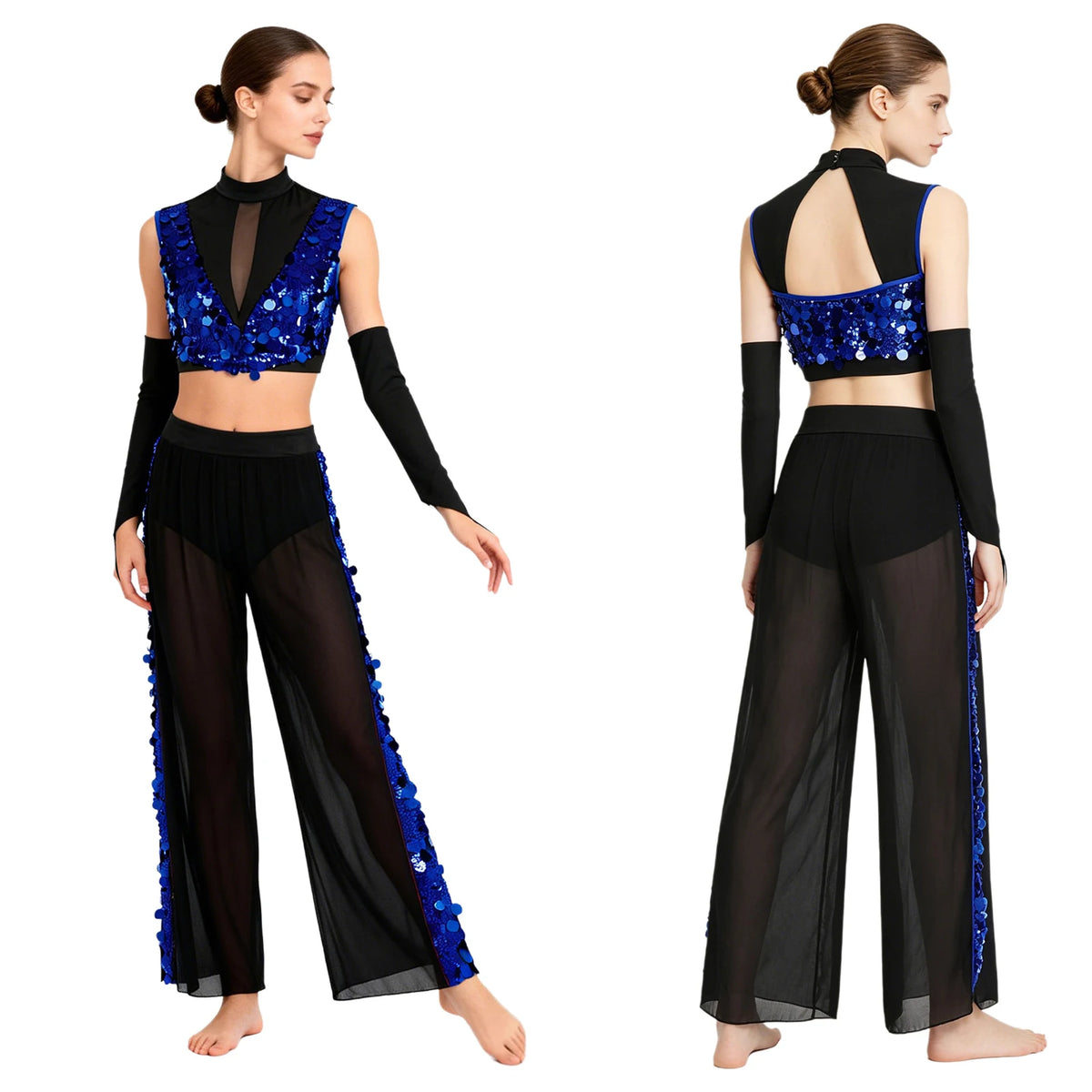 Women's Dance Performance Costume – Shiny Crop Top & Sheer Pants for Skating, Gymnastics & Ballet