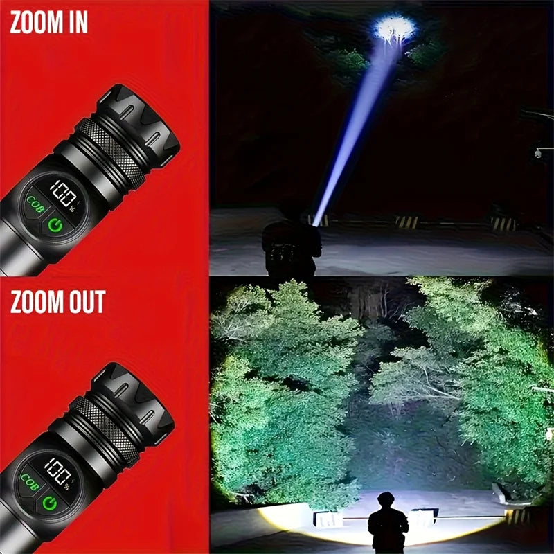 Magnetic Tactical LED Flashlight with COB Side Light – USB Rechargeable, 5 Modes, Zoomable