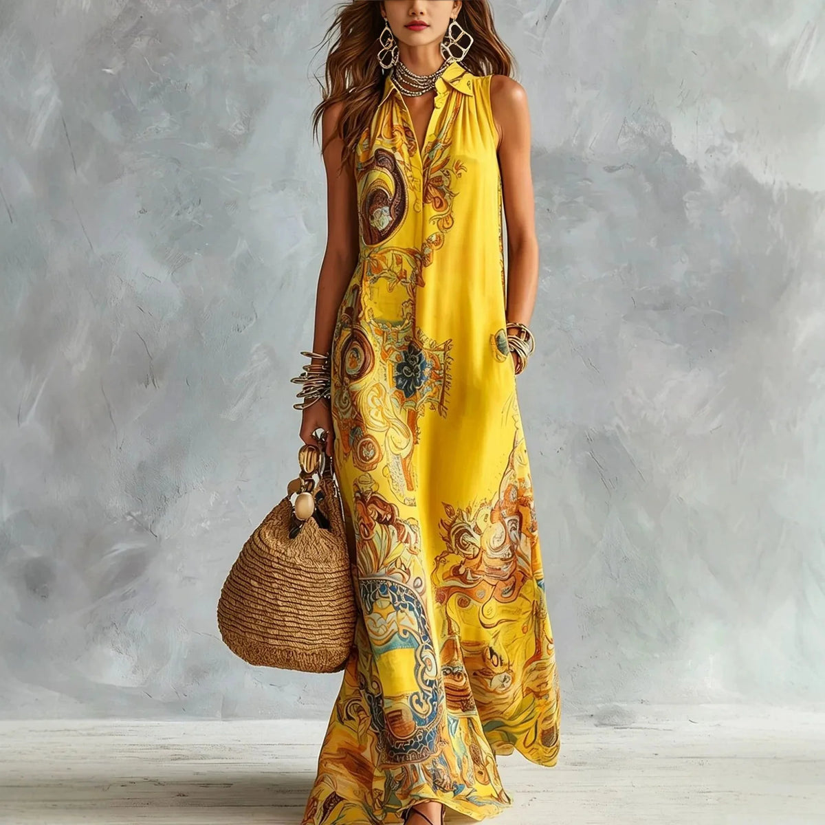 Sleeveless Digital Print Boho Maxi Dress — Turndown Collar Button-Down Casual Summer Dress