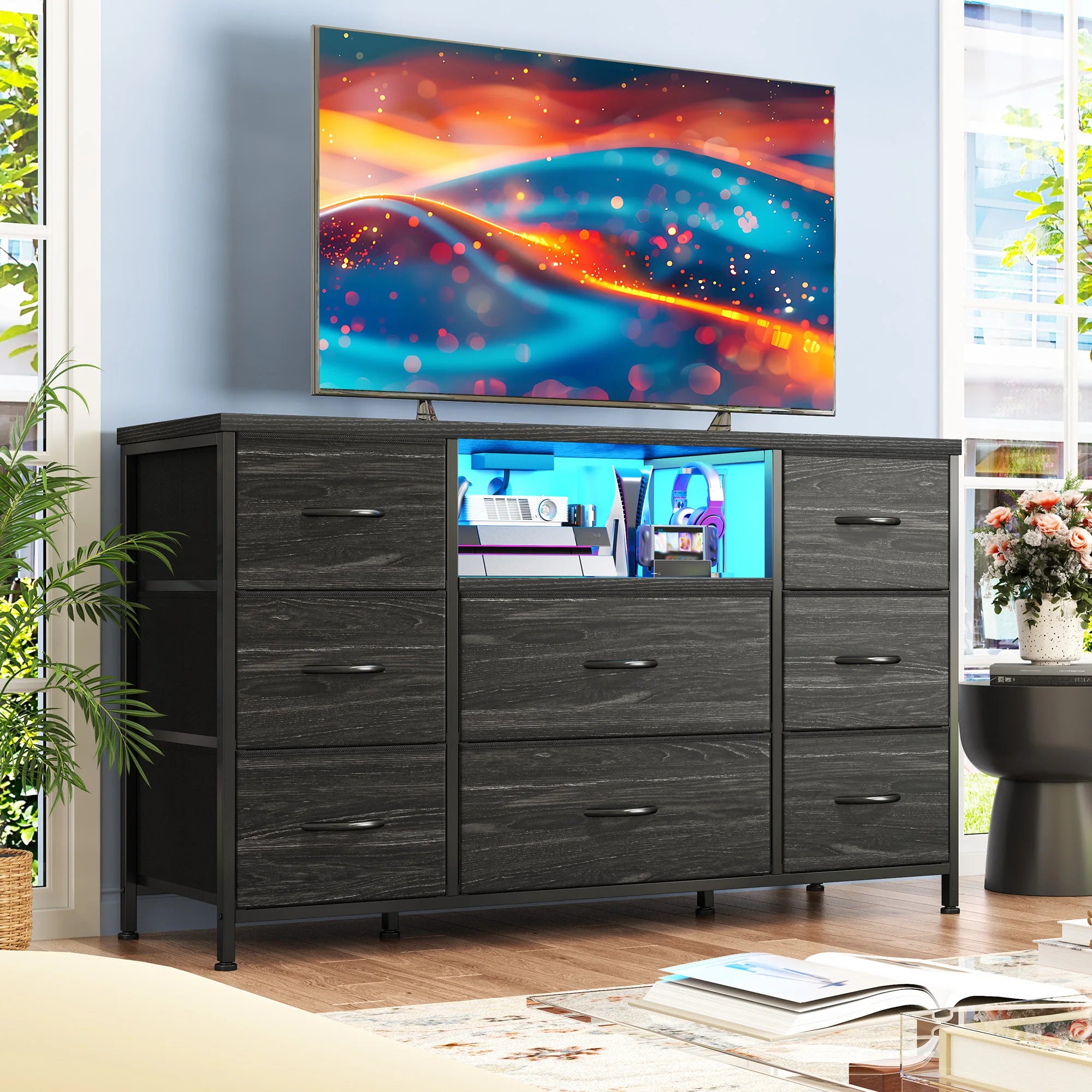 8-Drawer Media Dresser with LED Lighting & Built-In Charging Station — Fabric Storage Cabinet for 55" TVs