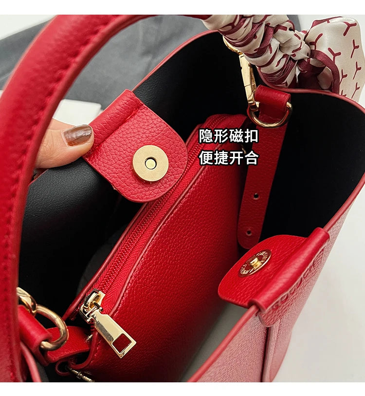 Fashion Simple PU Leather Bucket Shoulder Bag – Luxury Commuter Handbag for Women