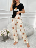 2-Piece Set of Women's Four-Season Pajamas, Casual and Cute Cartoon Print Short-Sleeved Long Pants Pajama Set