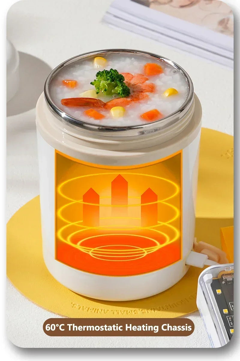 600ml USB Electric Heated Lunch Box – Stainless Steel Food Warmer with Constant Temperature Insulation, 5V/12V/24V
