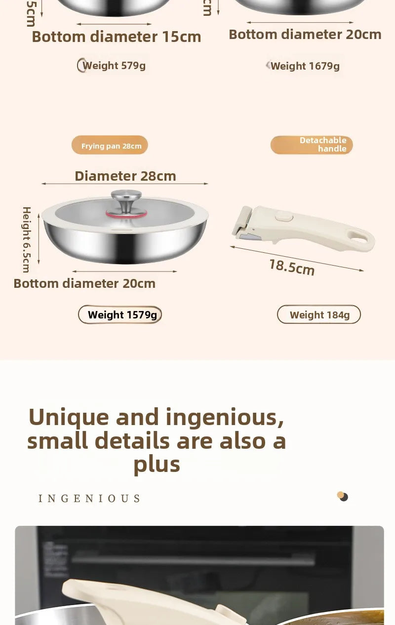 Pot and Cooking Set 316 Stainless Steel Household Full Set Six-Piece Pot Set, Detachable Handle, Uncoated Frying and Frying Wok