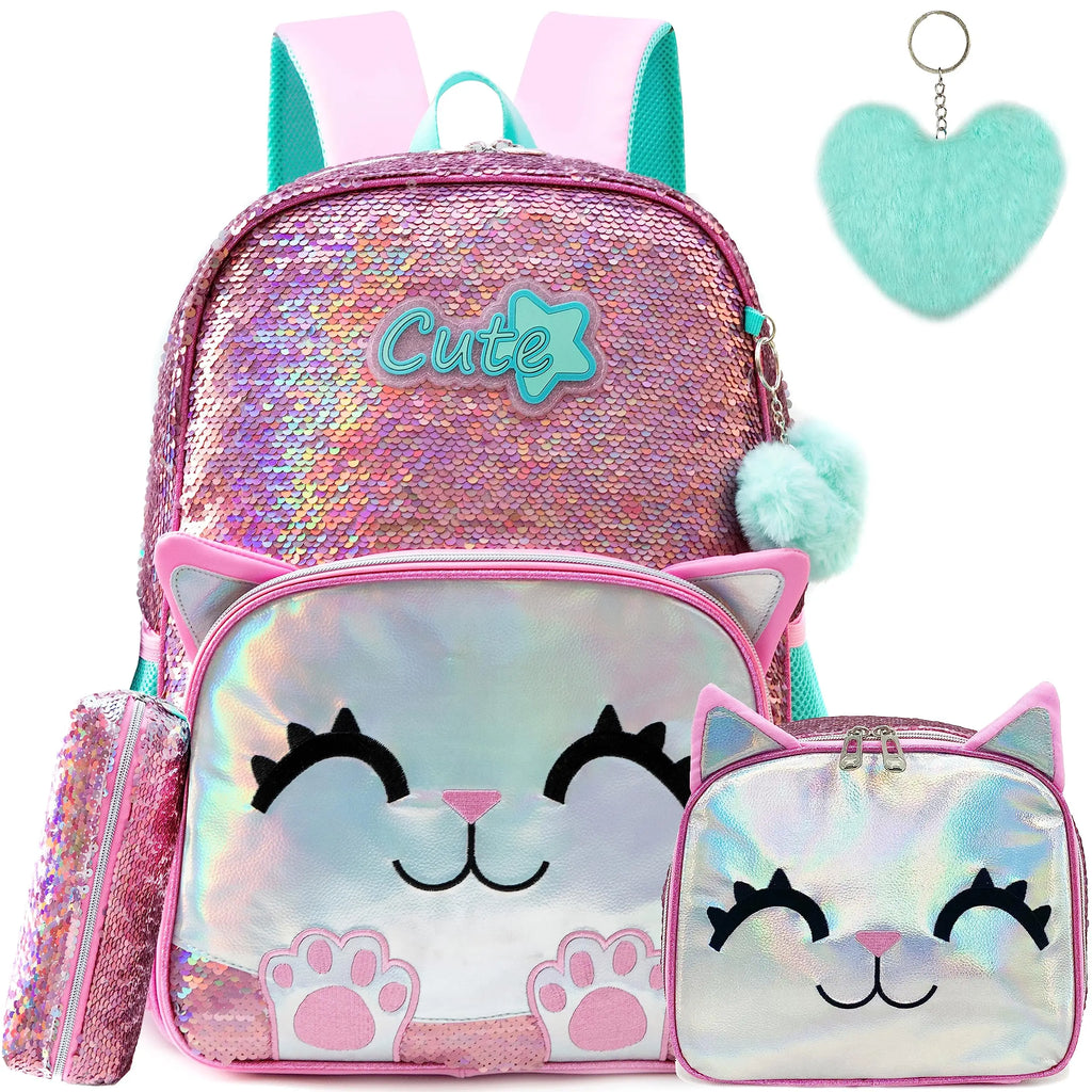 Pink Cat Backpack Set – Sequin School Bag, 3 Pieces