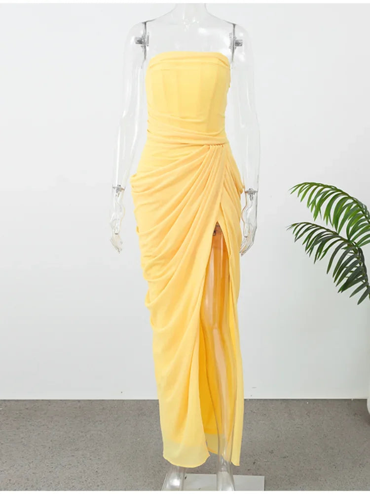Sexy Strapless Pleated Maxi Dress – Off-Shoulder Backless High Waist Split Evening Party Gown