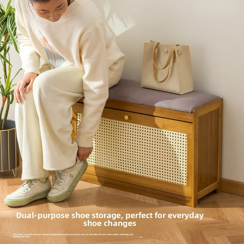 Bamboo & Wood Cushioned Shoe Stool — Entryway Bench