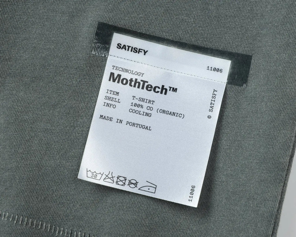 SATISFY Running MothTech Distressed Graphic T-Shirt — Loose Fit Cotton Short Sleeve Tee