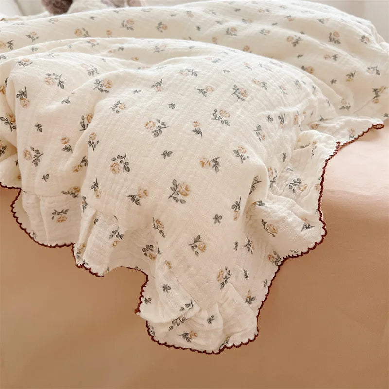 Princess Ruffle Bedding Set – 100% Cotton Gauze Duvet Cover with Pillowcases, Floral, 3-Piece